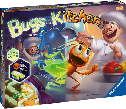 Board game box titled 'Bugs in the Kitchen' with cartoon characters and a HEXBUG nano logo.
