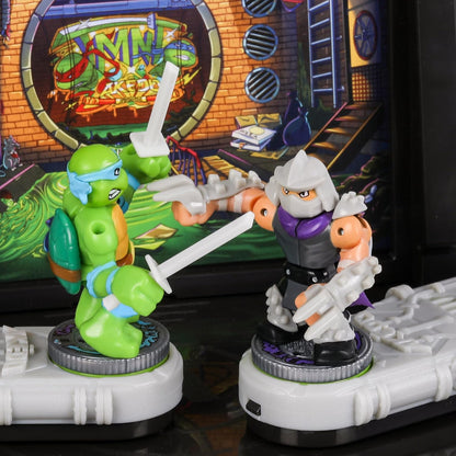 Two toy TMNT figures in front of a colorful backdrop with 'Teenage Mutant Ninja Turtles' branding.