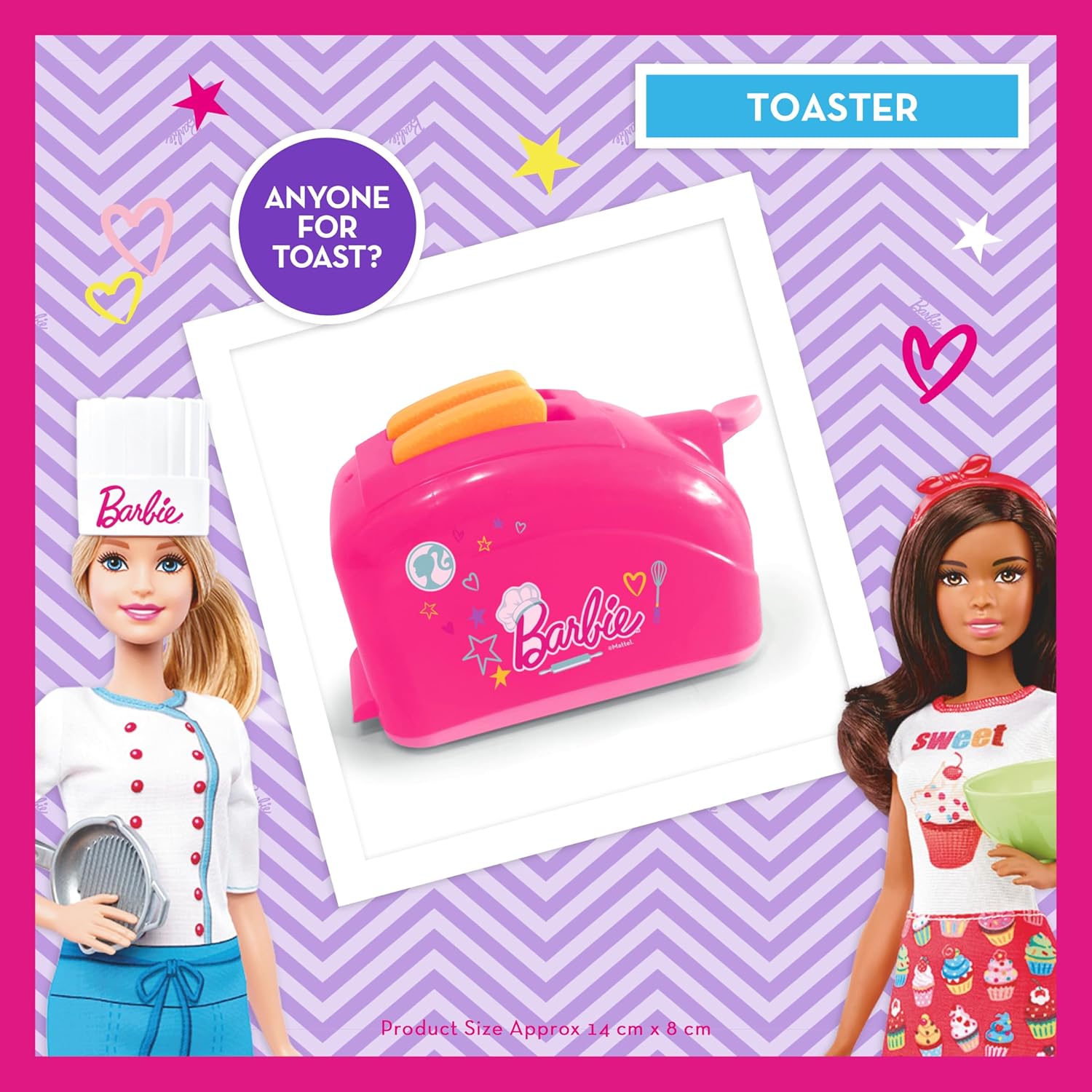 Barbie toy toaster with two dolls on a purple and pink patterned background