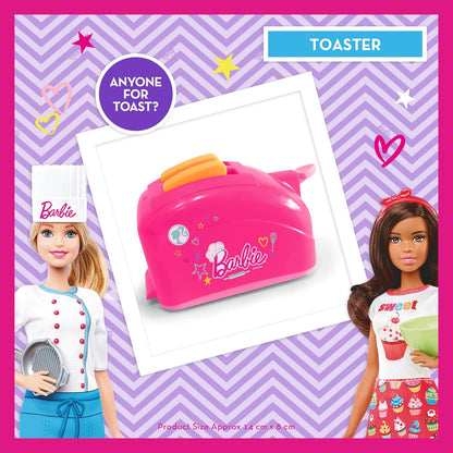 Barbie toy toaster with two dolls on a purple and pink patterned background