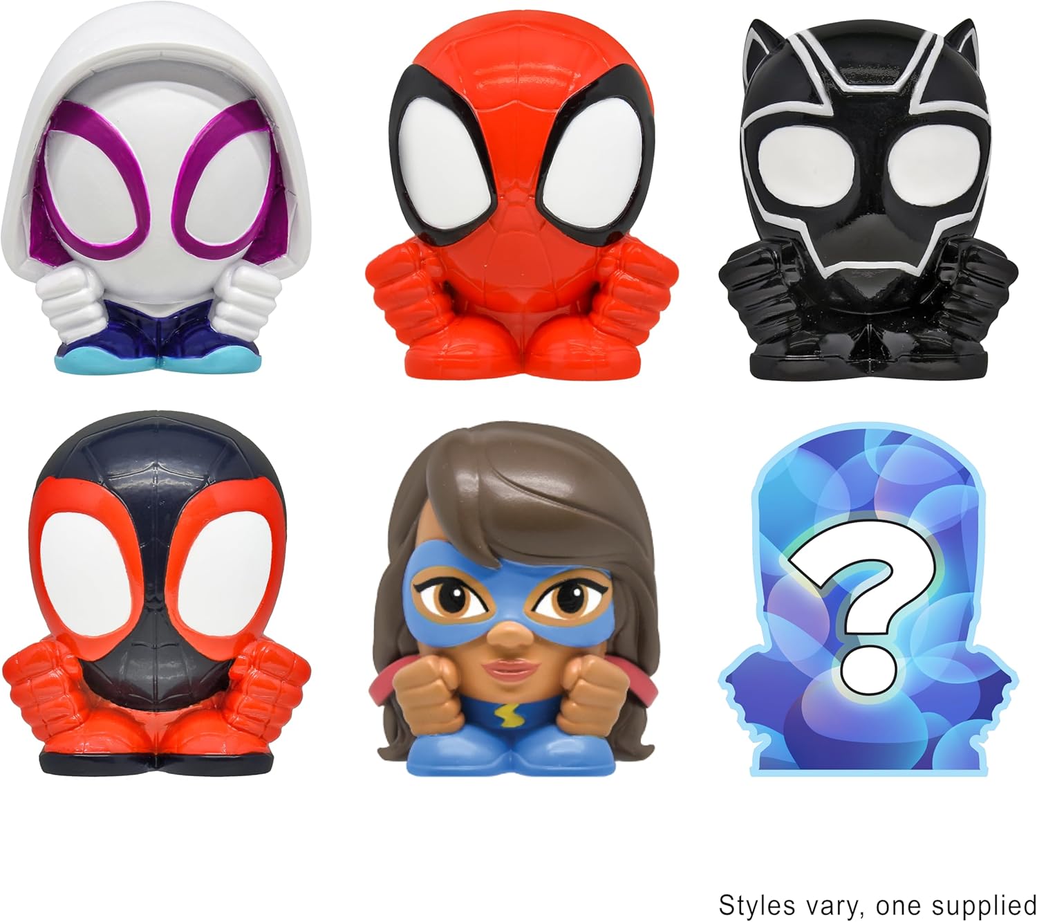 Set of six superhero figurines with different masks on a white background