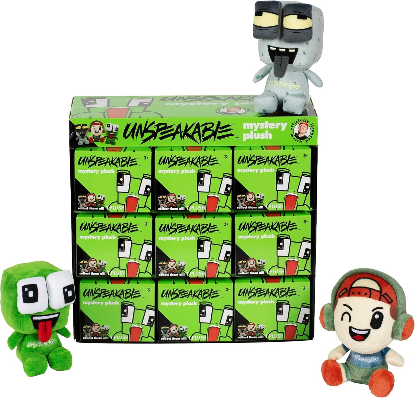 Unspeakable mystery plush toy packaging with various plush toys displayed on top