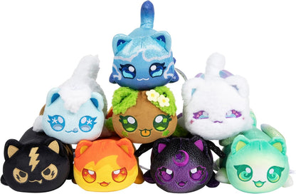 Set of colorful Aphmau plush toys with various designs on a white background
