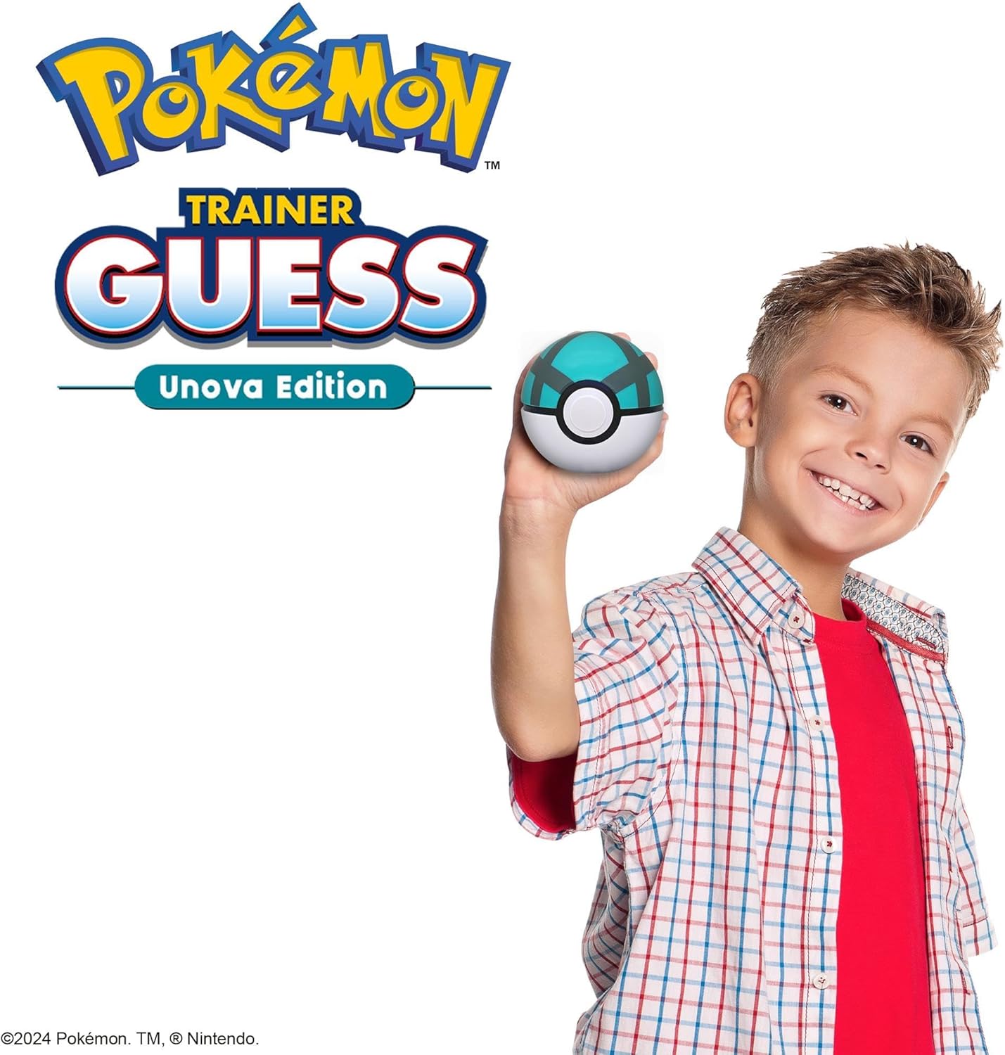 Child holding a Poké Ball with 'Pokémon Trainer Guess Unova Edition' text on a white background