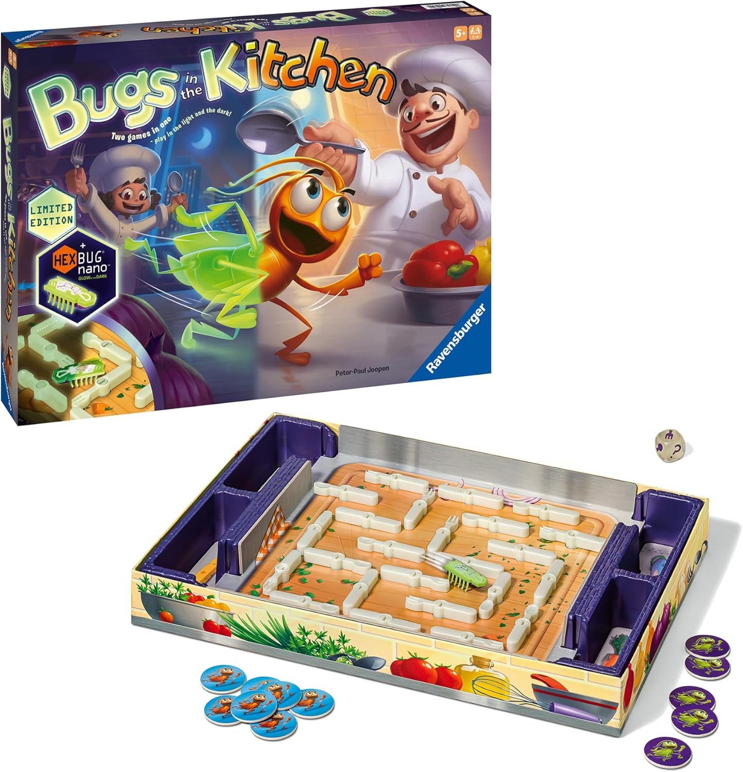 Board game set 'Bugs in the Kitchen' by Ravensburger with game box and components on a white background
