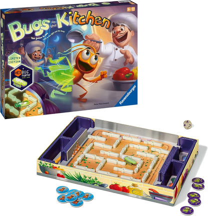 Board game set 'Bugs in the Kitchen' by Ravensburger with game box and components on a white background