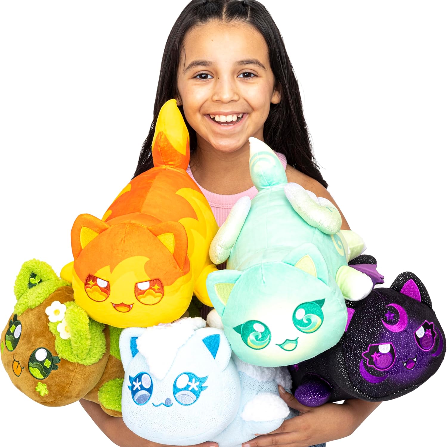 Child holding colorful plush toys against a white background