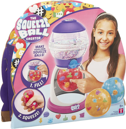 Squeeze Ball Creator toy set packaging with a girl holding a ball, colorful design, and step-by-step instructions.