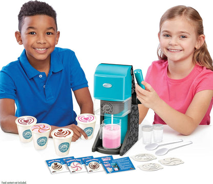 Two children with a toy ice cream maker set on a white background