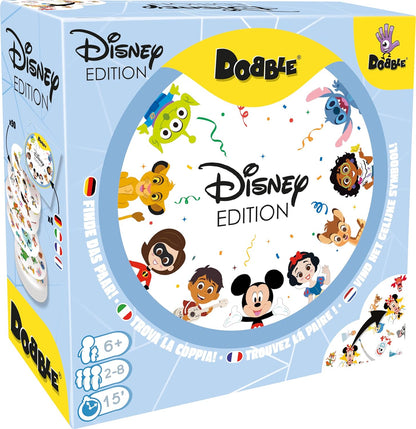 Disney Edition Dobble game box with cartoon characters on a white background