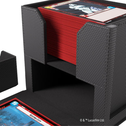 Black Star Wars card holder with red cards inside, featuring Lucasfilm branding.