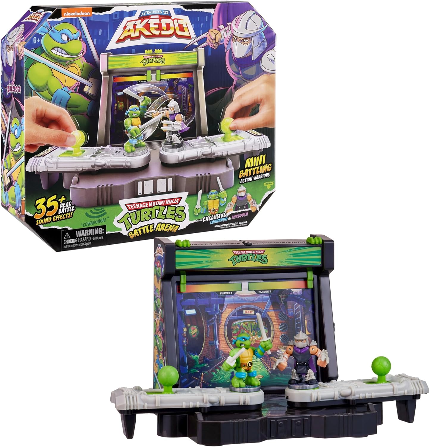 Toy battle arena set with Teenage Mutant Ninja Turtles figures, featuring Akeedo branding.
