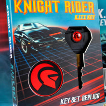 Key set replica packaging for 'Knight Rider' with a key and box on a blue and red background.