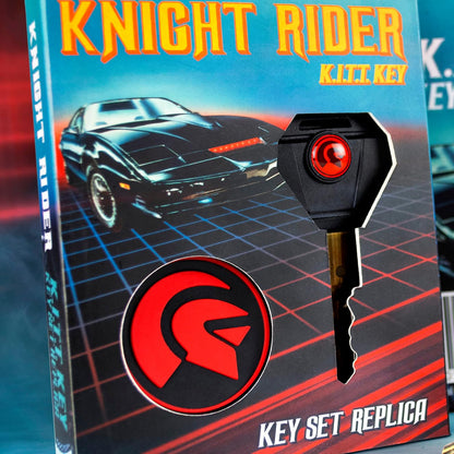 Key set replica packaging for 'Knight Rider' with a key and box on a blue and red background.
