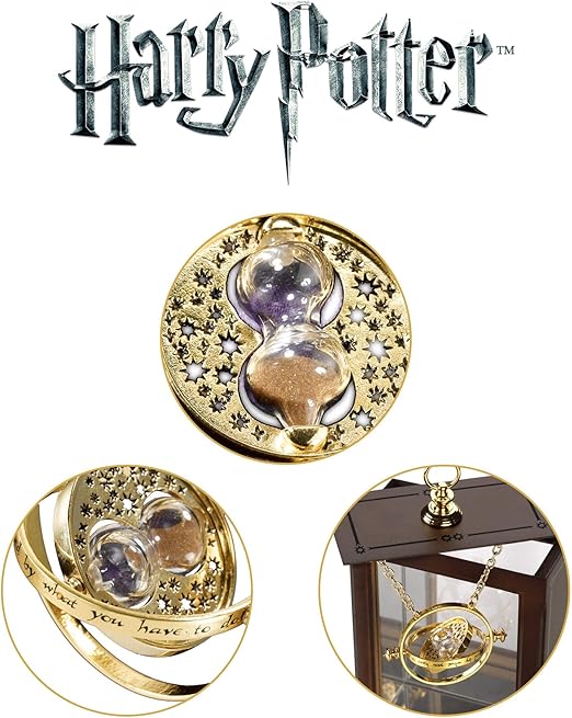 Gold hourglass pendant with sand inside, surrounded by 'Harry Potter' branding.