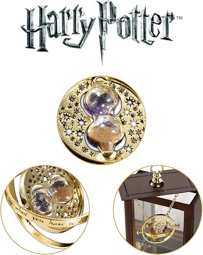 Gold hourglass pendant with sand inside, surrounded by 'Harry Potter' branding.