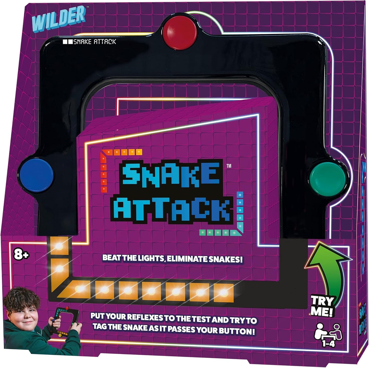 Box of 'Snake Attack' game by Wilder with retro design elements.