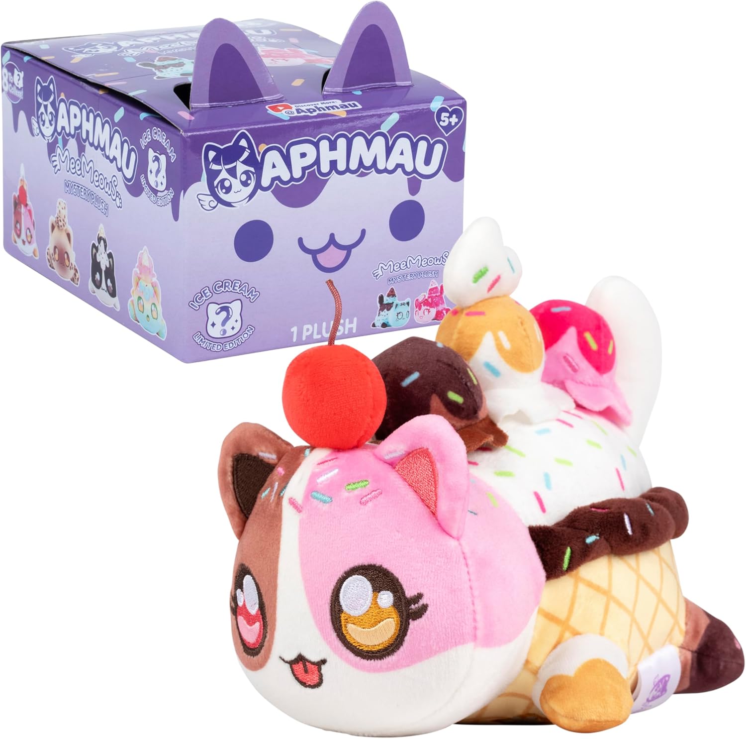Plush toy resembling a character from 'Aphmau' with ice cream toppings next to its packaging.