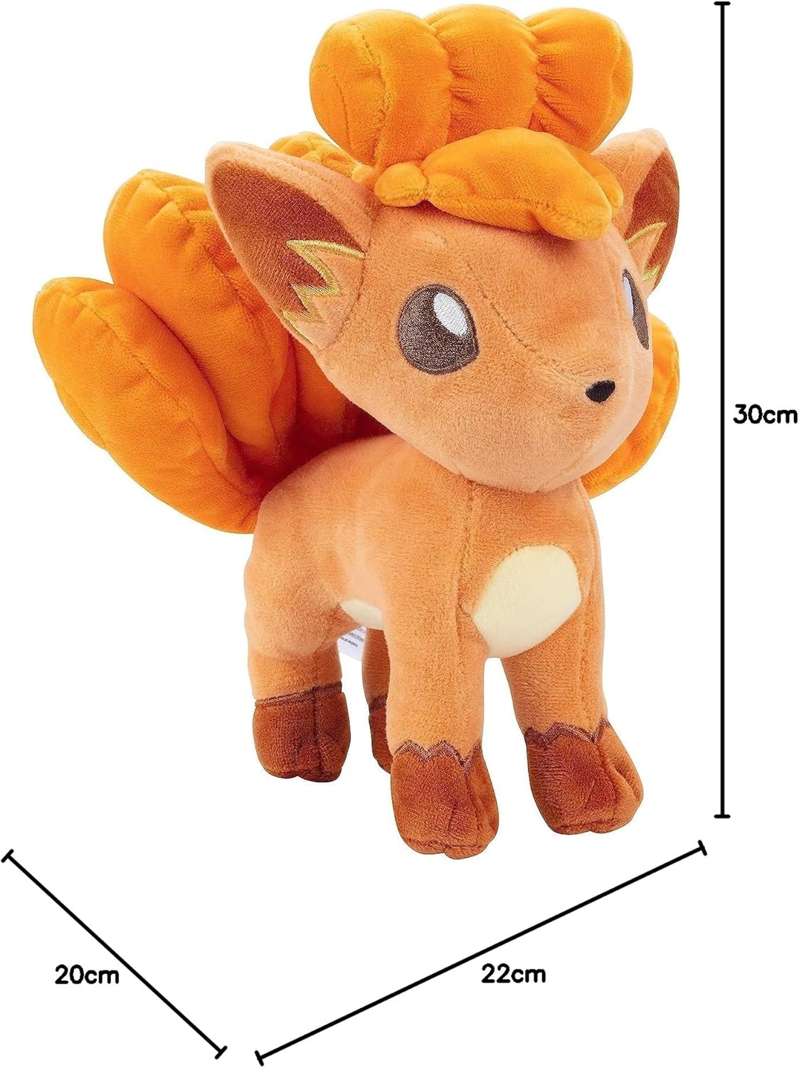Pokémon Vulpix Plush toy of a cartoon character with measurements on a white background
