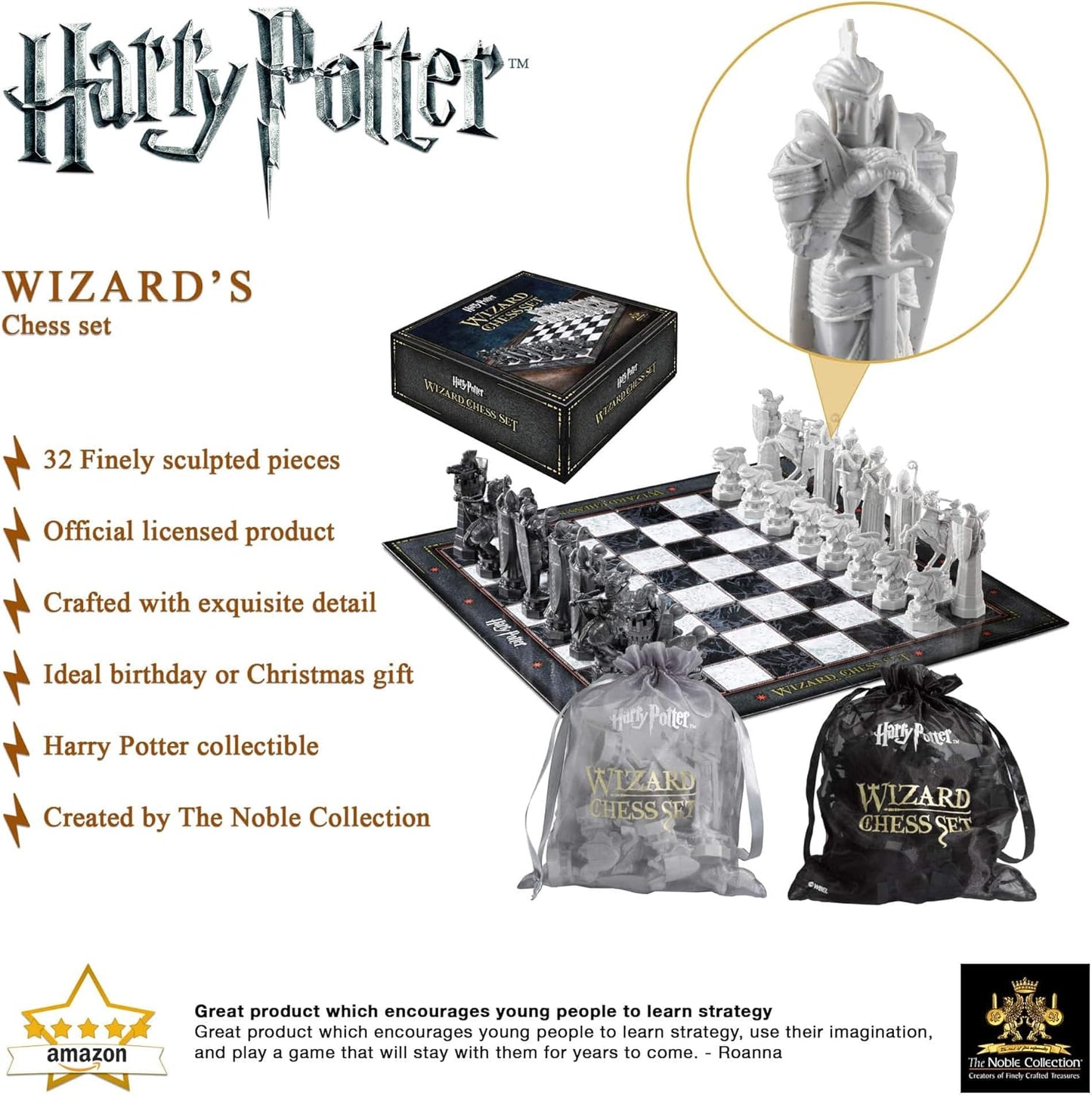 Harry Potter Wizard's Chess set with packaging, pieces, and bags on a white background.