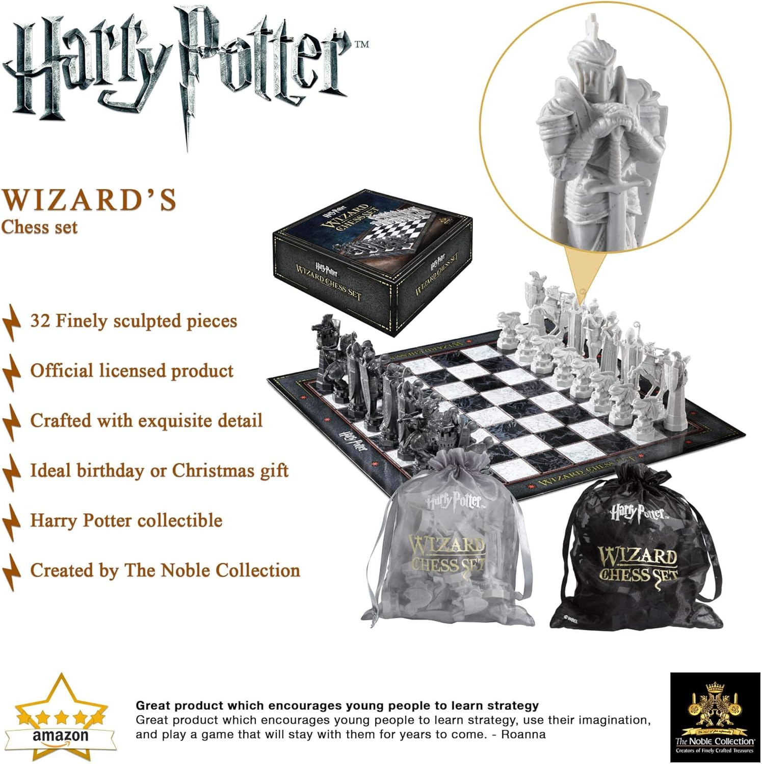 Harry Potter Wizard's Chess set with packaging, pieces, and bags on a white background.