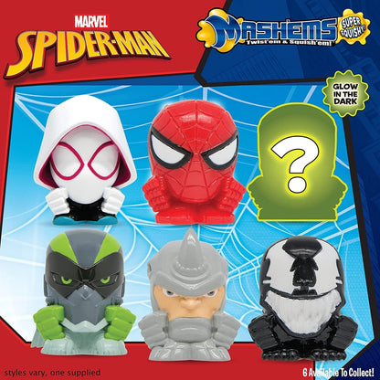 Set of Marvel Spider-Man Mashems figures with a question mark figure on a colorful background.