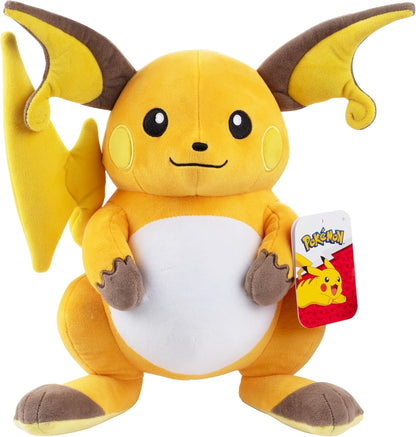 Plush toy of a yellow and brown creature with a tag on a white background