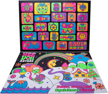 Colorful children's activity book with various designs and text on a white background