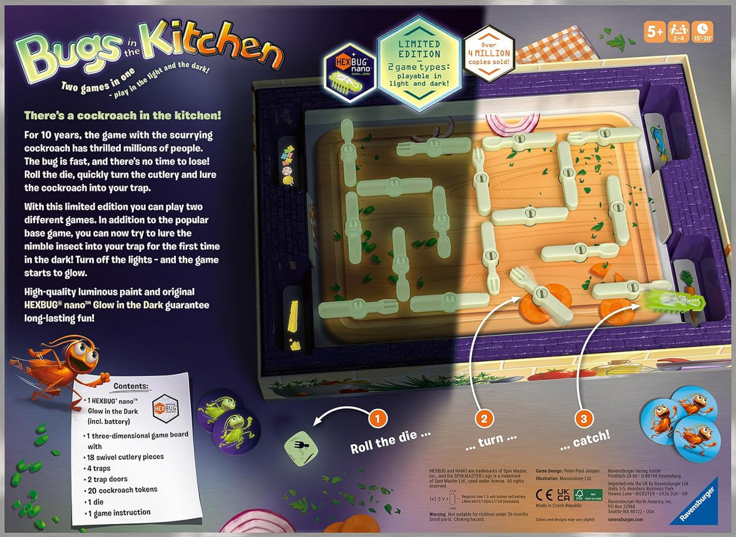 Board game packaging for 'Bugs in the Kitchen' with game components and instructions.