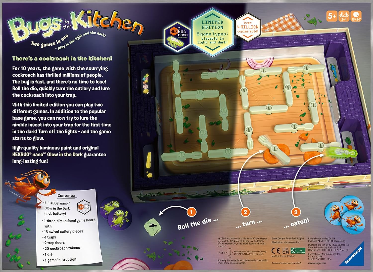 Board game packaging for 'Bugs in the Kitchen' with game components and instructions.