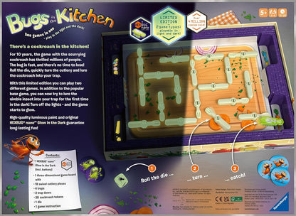 Board game packaging for 'Bugs in the Kitchen' with game components and instructions.