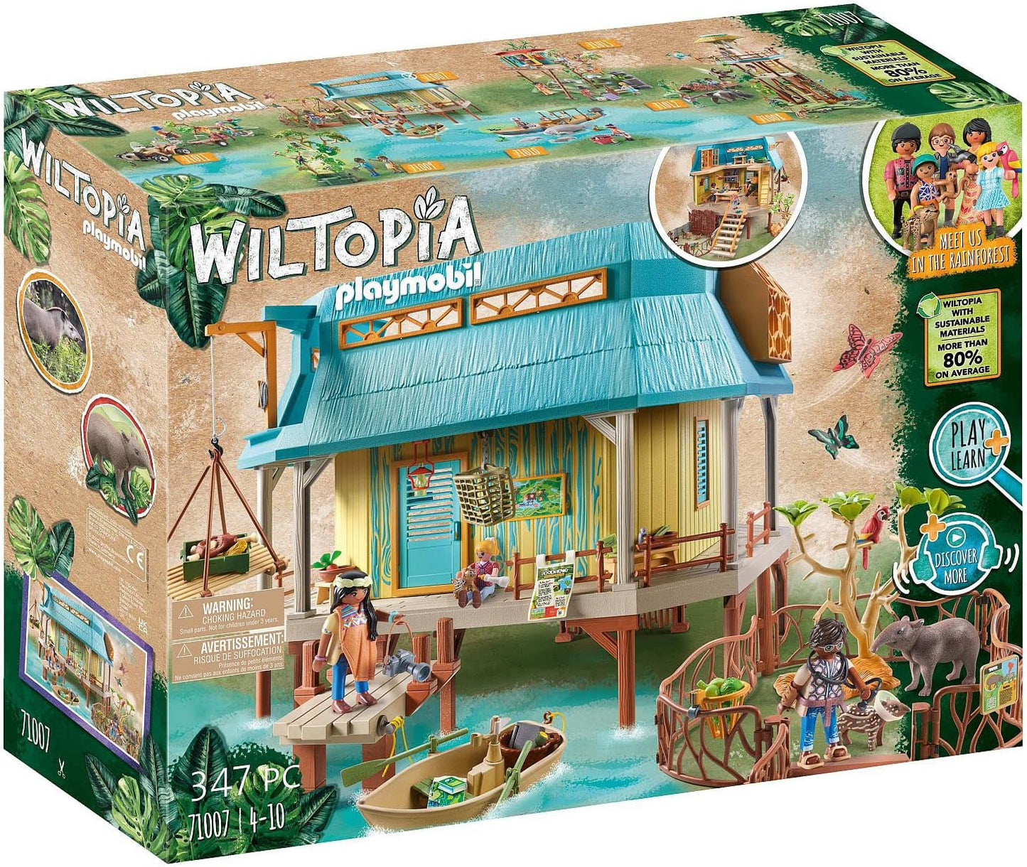 Playmobil Wiltopia packaging with a wooden cabin and figures on a scenic background
