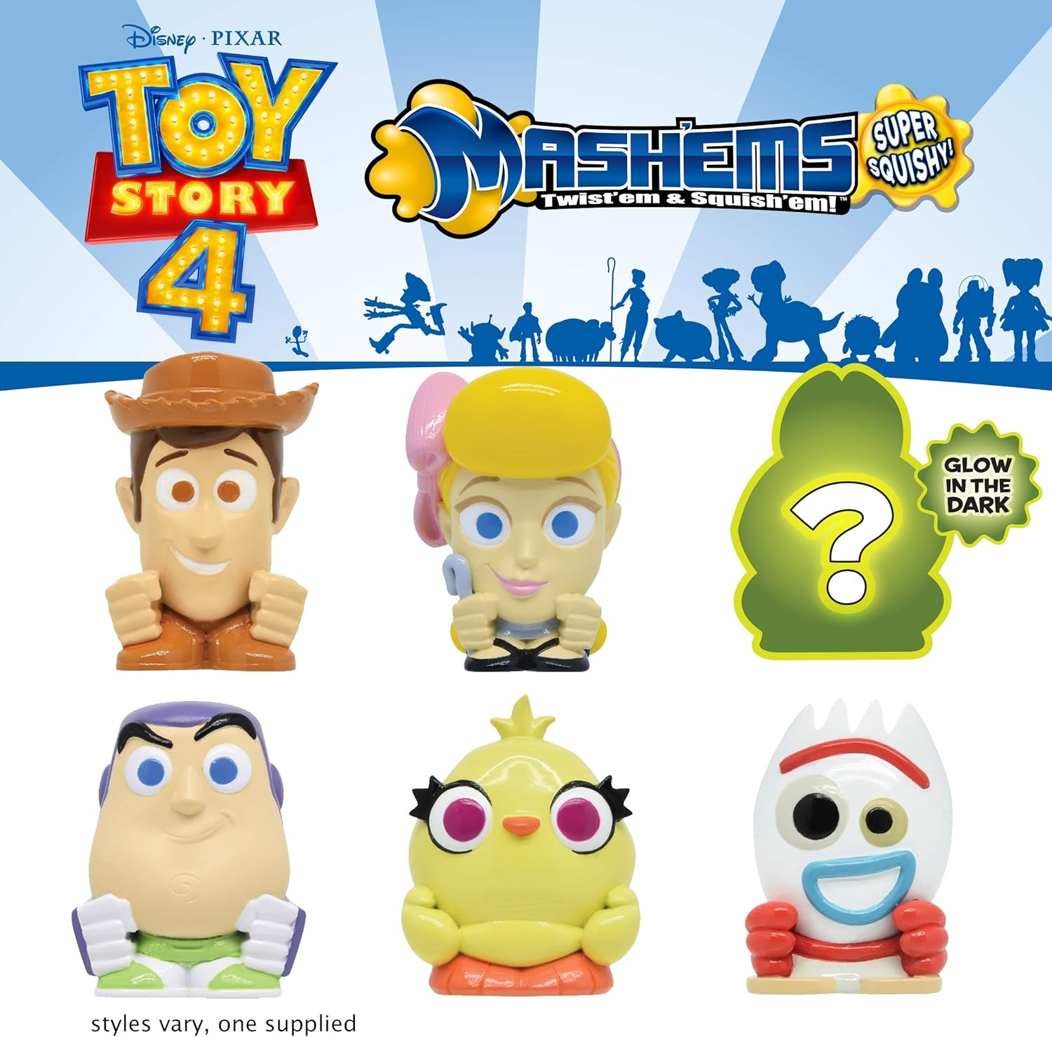 Toy Story 4 and Ashems Super Squishy toys with characters from Toy Story on a blue background.