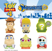 Toy Story 4 and Ashems Super Squishy toys with characters from Toy Story on a blue background.
