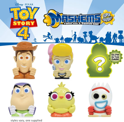 Toy Story 4 and Ashems Super Squishy toys with characters from Toy Story on a blue background.