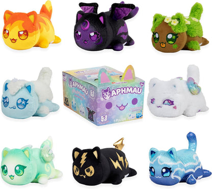 Collection of colorful plush toys with a central box labeled 'Aphmau' on a white background.