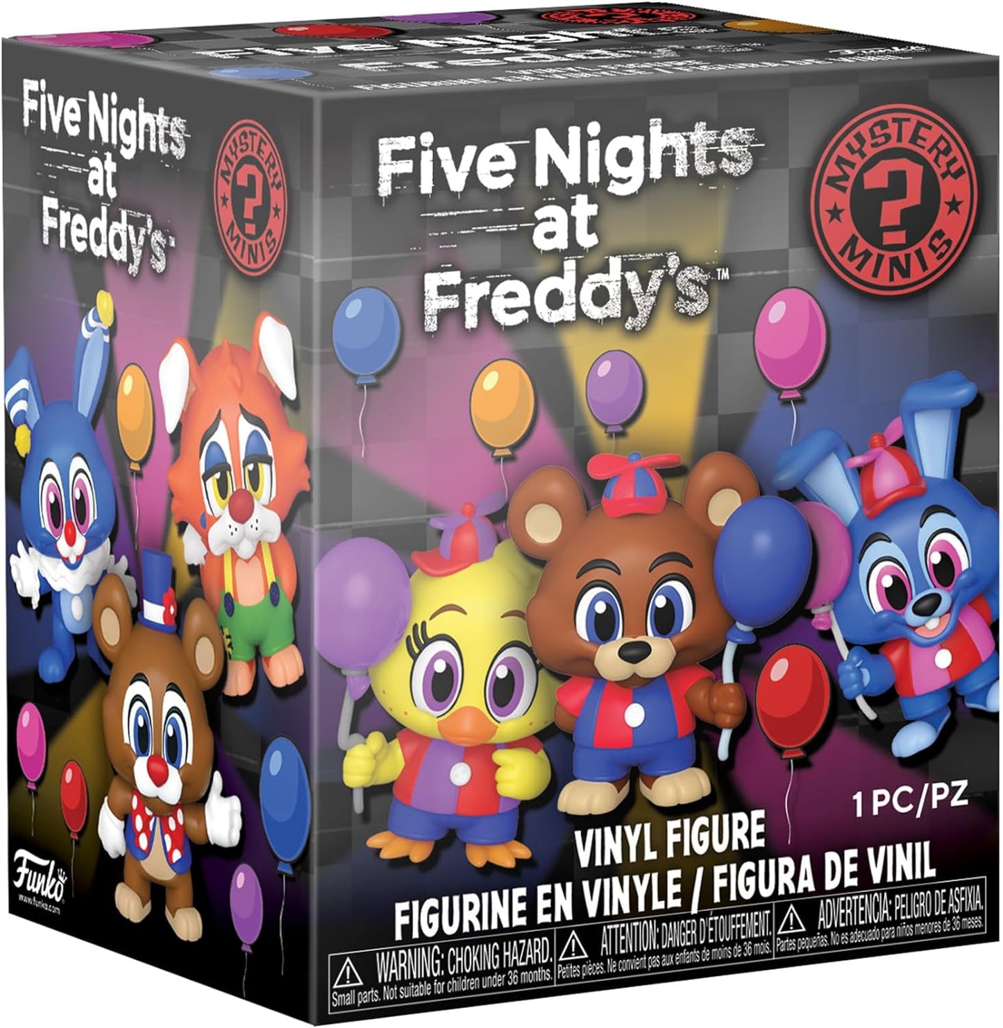 Box of 'Five Nights at Freddy's' vinyl figure with characters and balloons on a black background