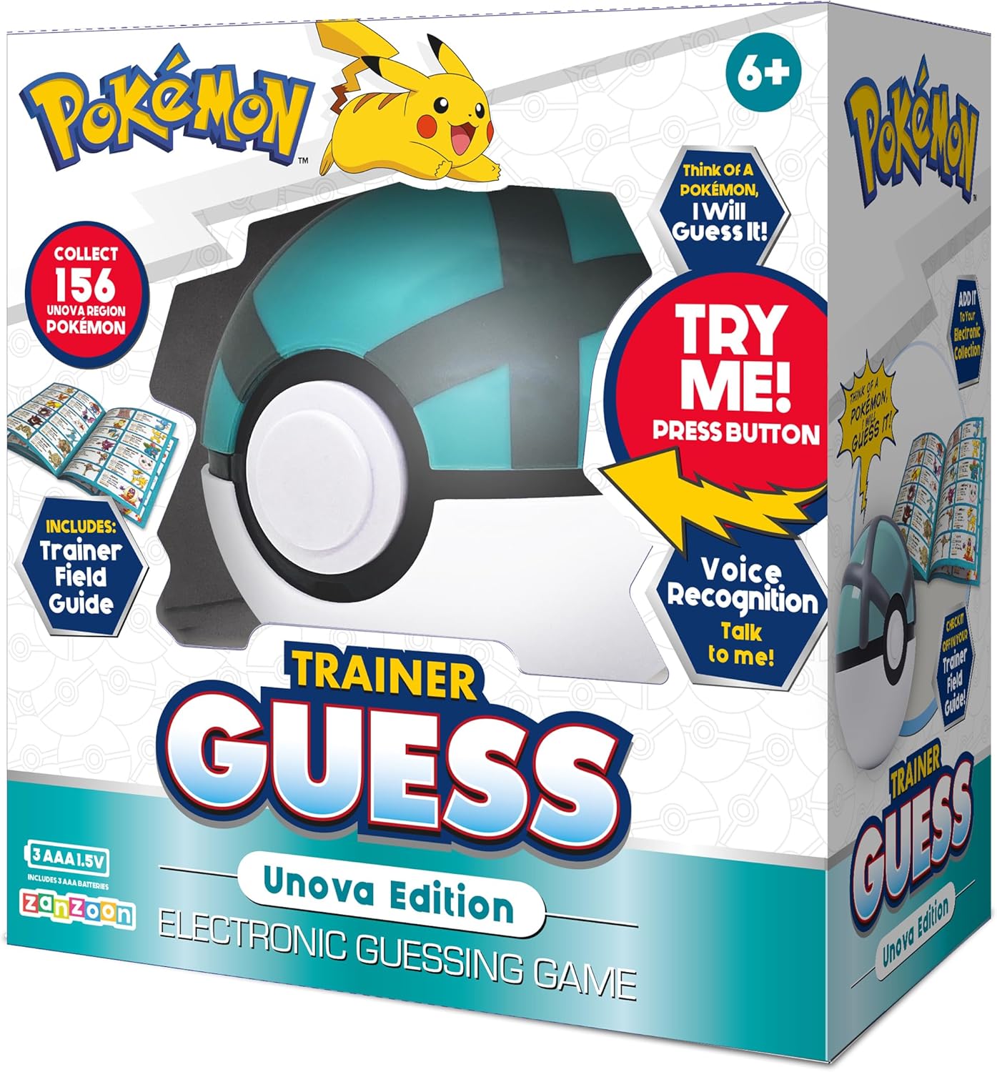 Pokémon Trainer Guess Unova Edition electronic guessing game packaging with Pikachu on top.