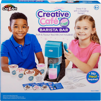 Cra-Z-Art Creative Café Barista Bar toy set packaging with two children and product display.