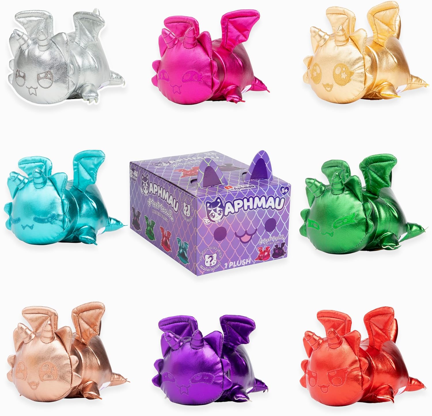 Colorful plush toys with a central box labeled 'Aphmau' on a white background