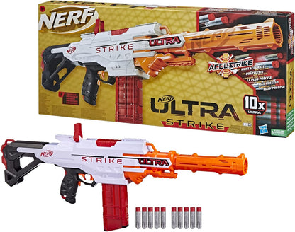 Nerf Ultra Strike toy blaster with packaging and additional darts on a white background