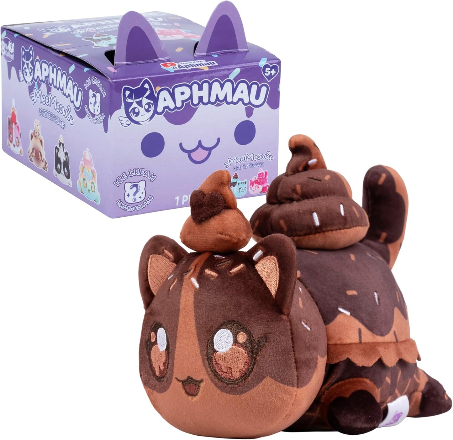 Plush toy resembling a character from 'Aphmau' with a matching box in the background.