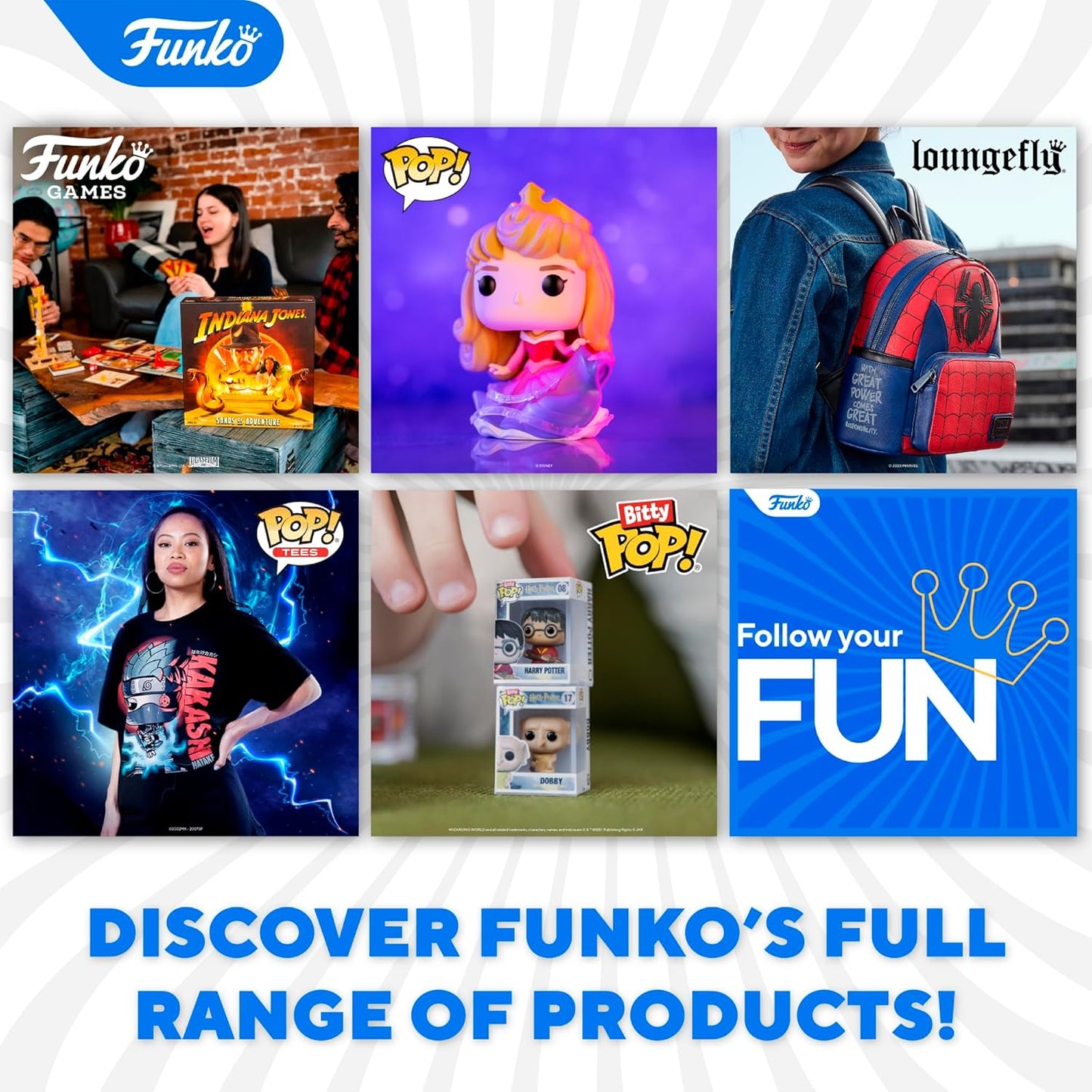 Promotional image of Funko products including figures, a backpack, and merchandise with promotional text.