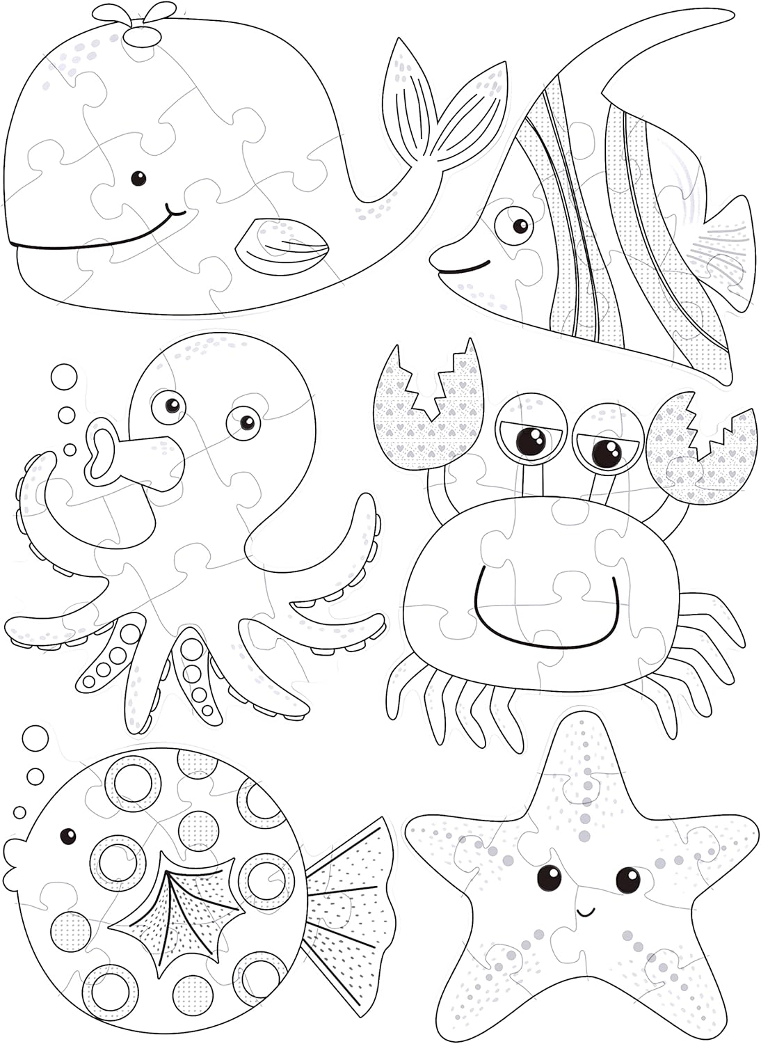 Set of black and white ocean-themed illustrations including a whale, shark, octopus, crab, fish, and starfish.
