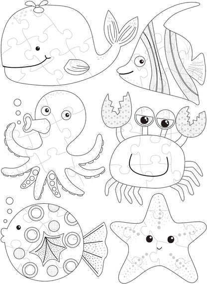 Set of black and white ocean-themed illustrations including a whale, shark, octopus, crab, fish, and starfish.