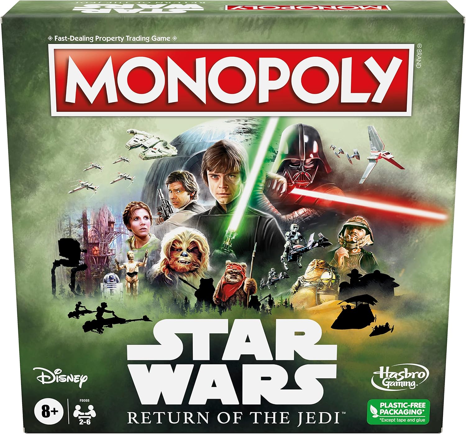 Monopoly Star Wars Return of the Jedi board game box with characters and vehicles on a green background