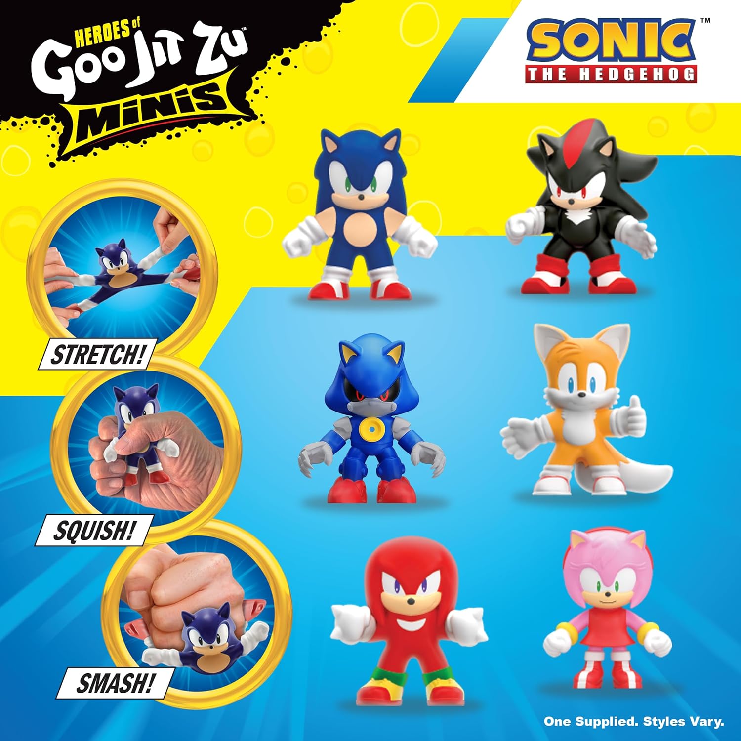 Sonic the Hedgehog action figures with promotional text on a blue and yellow background