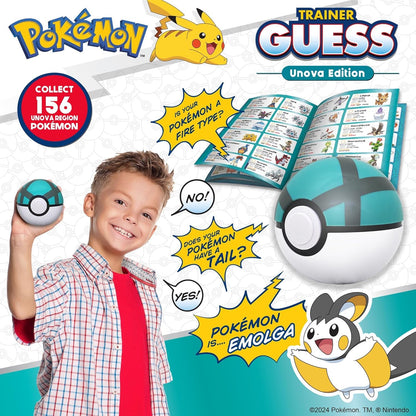 Pokémon Trainer Guess Unova Edition with a child holding a Poké Ball, Poké Ball Plus, and Pokémon Unova Region book.
