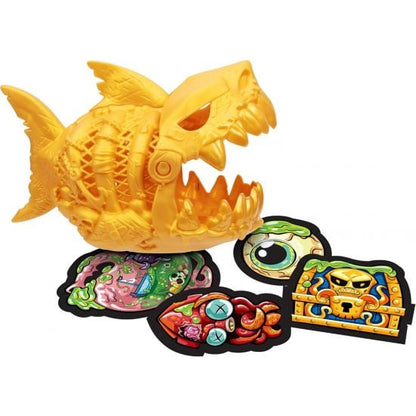 Yellow Shark toy with colorful patches on a white background