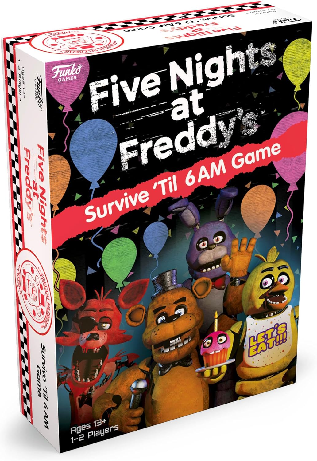 Five Nights at Freddy's game box with characters and balloons on a white background